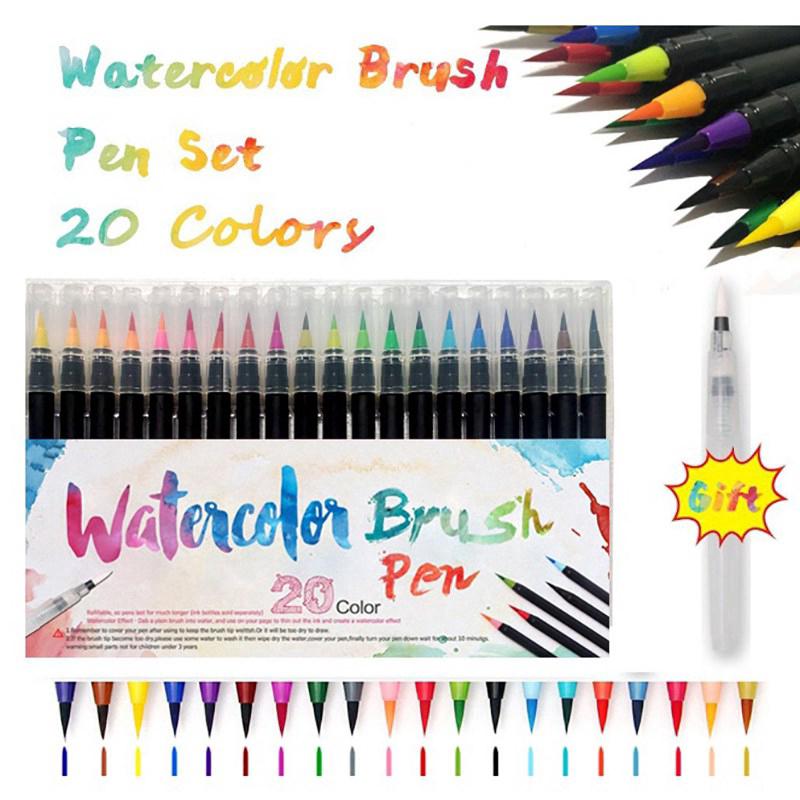 20pcs +1 Premium Painting Set 20 Watercolor Brush Pen with 1 Water Brush Soft Brush Pen Set Markers Pen Manga