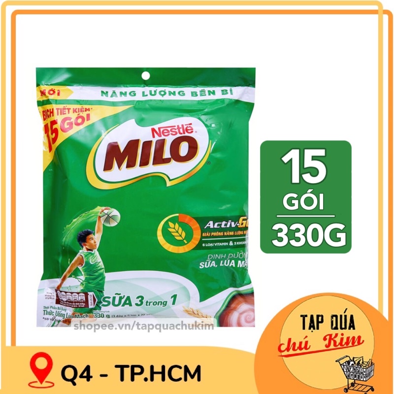 Sữa bột MILO cacao Nestle túi 15 GÓI NHỎ x 22G (330G) - tạp quá chú Kim