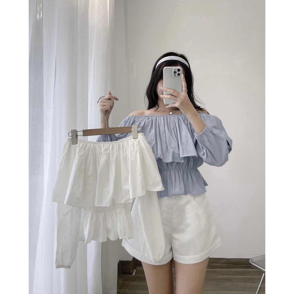 Áo trễ vai FM Style tay lửng bánh bèo tiểu thư thanh lịch  220808110