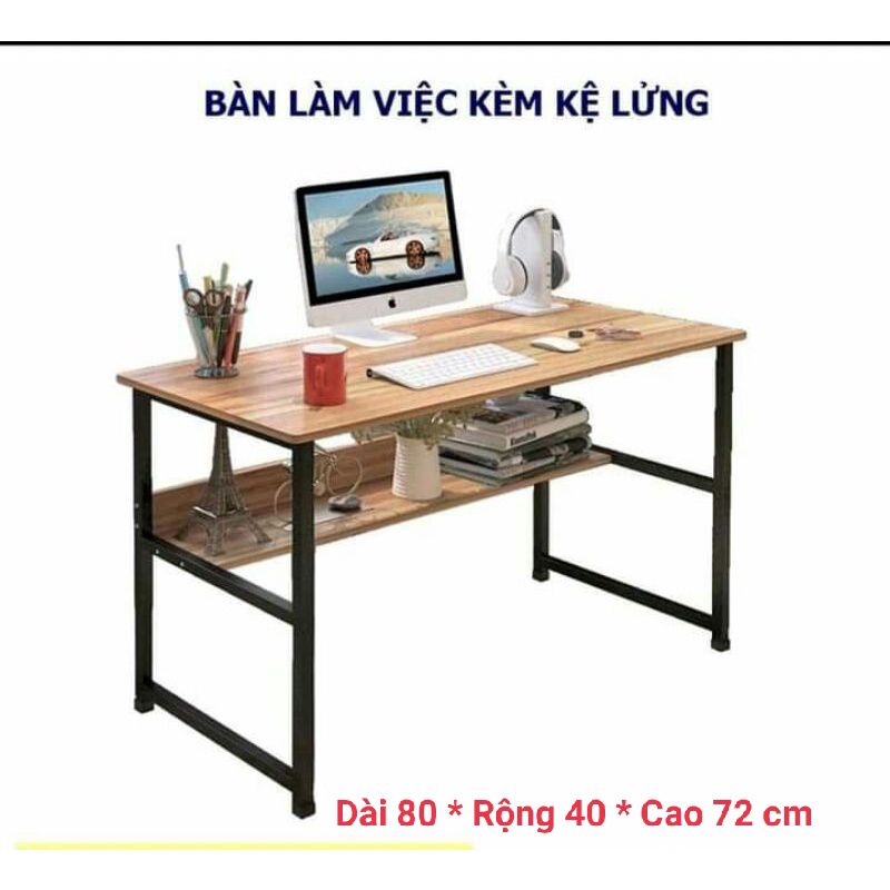 Bàn làm việc kèm kệ lửng, bàn học chân sắt sơn tĩnh điện mặt bàn gỗ MDF cao cấp dễ dàng tháo lắp .