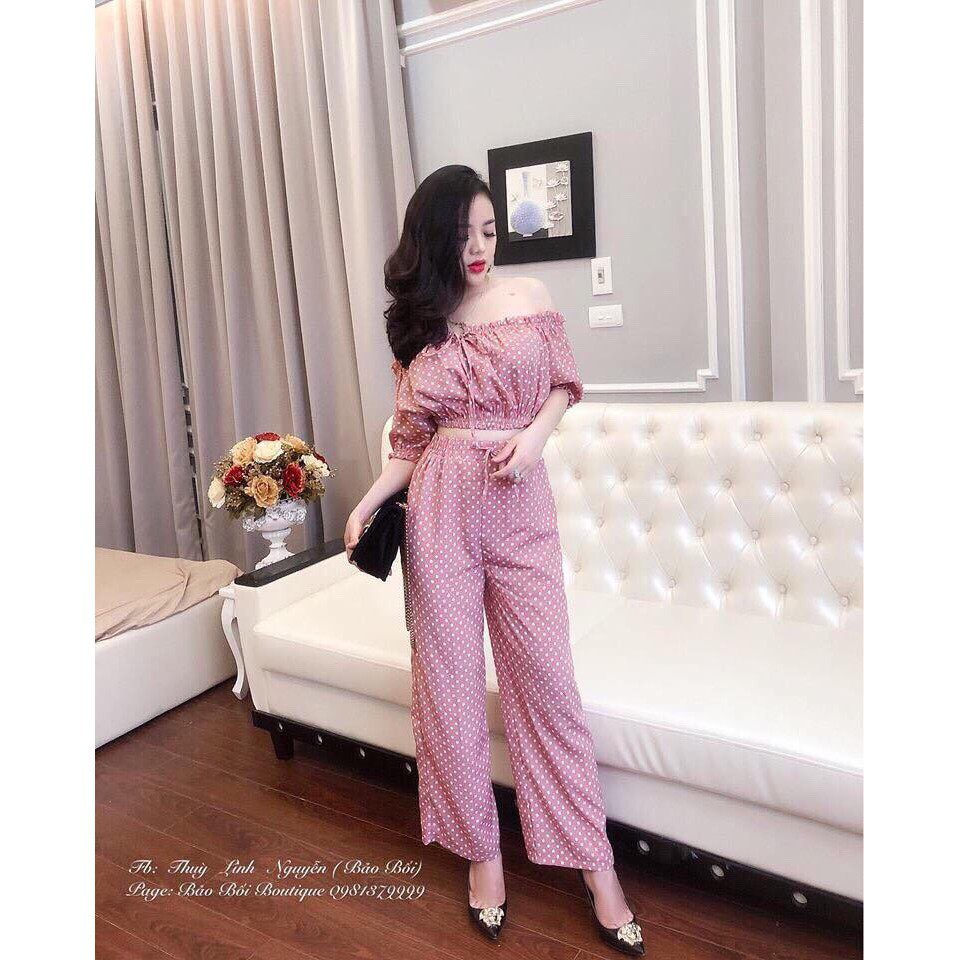 [ xả kho ] HS Set quần dài+áo trễ vai chấm bi