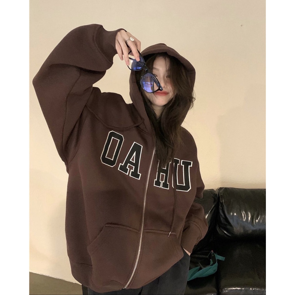 Áo Khoác Nỉ Ngoại Thêu Chữ Oahu PEONYB Unisex [FREESHIP] Hoodie zip form rộng tay bồng kiểu dáng vintage hàn quốc đẹp