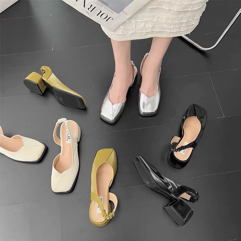 Giày cao gót phong cách retro Pháp đầu vuông dây co dãn dễ đi