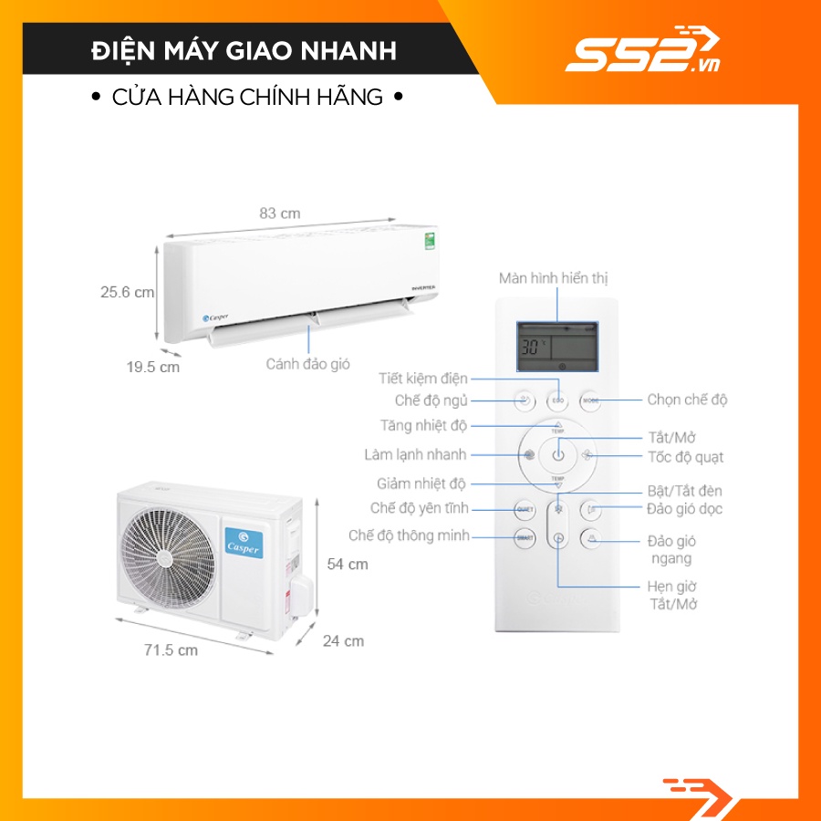 [Miễn Phí Lắp Đặt TP.HCM]Máy lạnh Casper Inverter 1.5 HP HC-12IA32-Hàng Chính Hãng