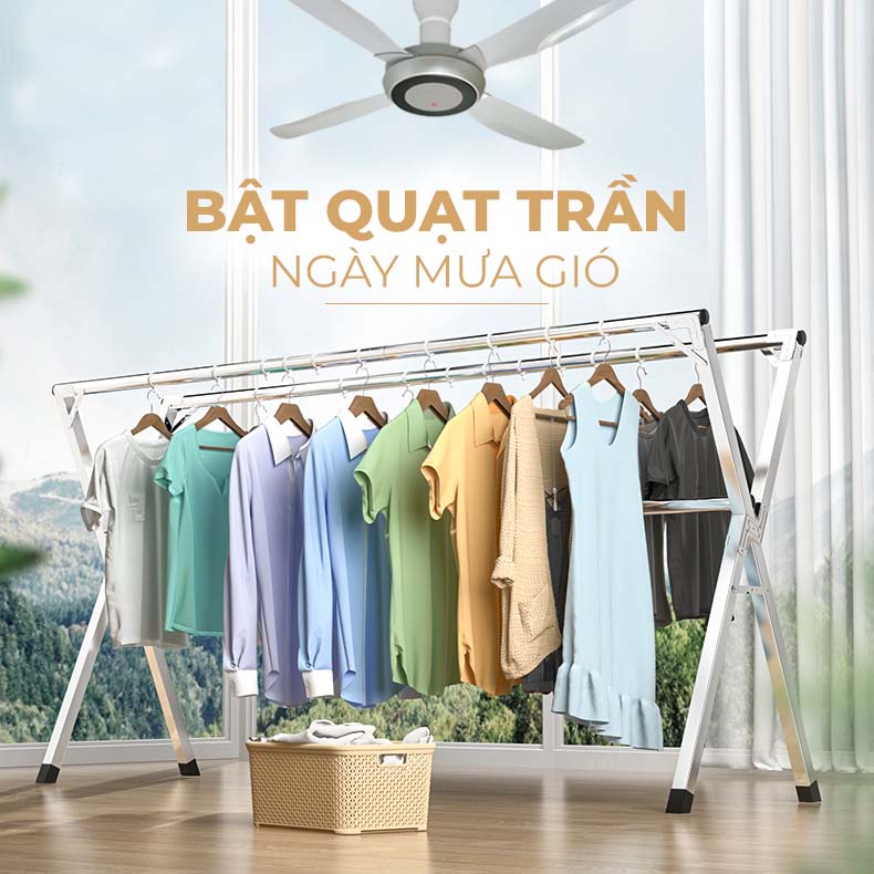 Giá phơi quần áo thông minh, Giàn phơi gấp gọn chất liệu inox bền bỉ chắc chắn (bán kèm bánh xe) tặng MÓC CHỐNG GIÓ