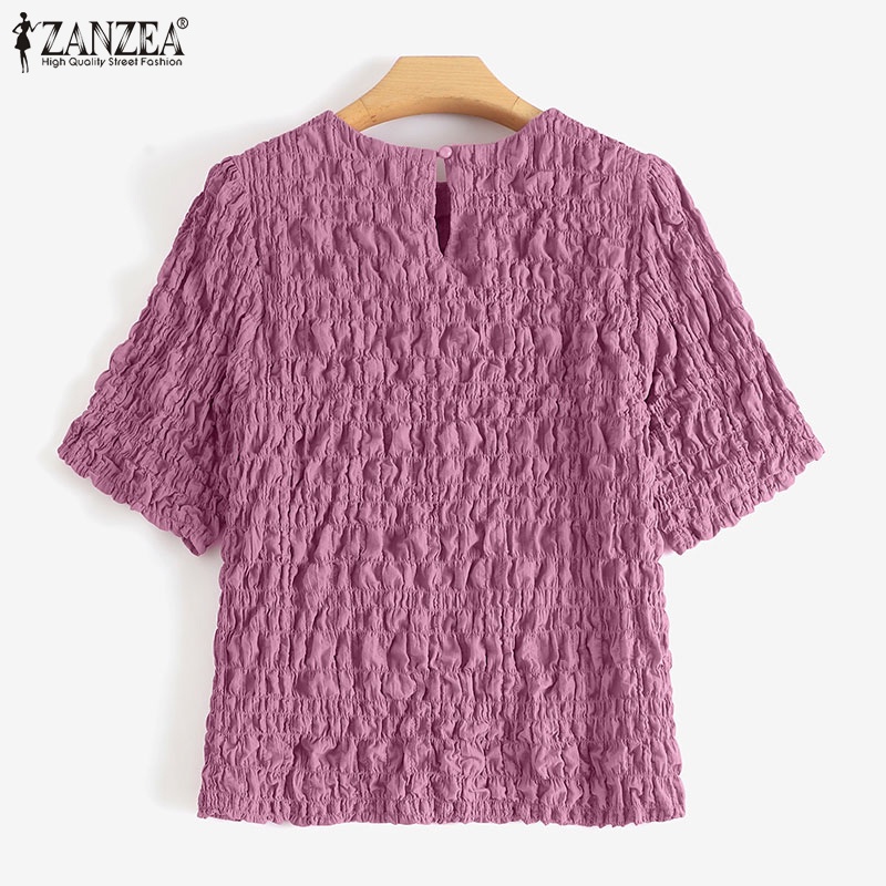 Áo kiểu ZANZEA tay ngắn dáng rộng màu trơn thời trang Hàn Quốc cho nữ