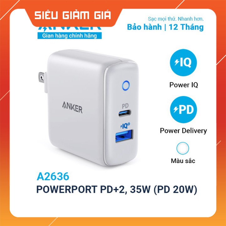 Sạc ANKER PowerPort PD+2 cổng 35w, 1 USB-C PD 20w, 1 PowerIQ 2.0 15w - A2636