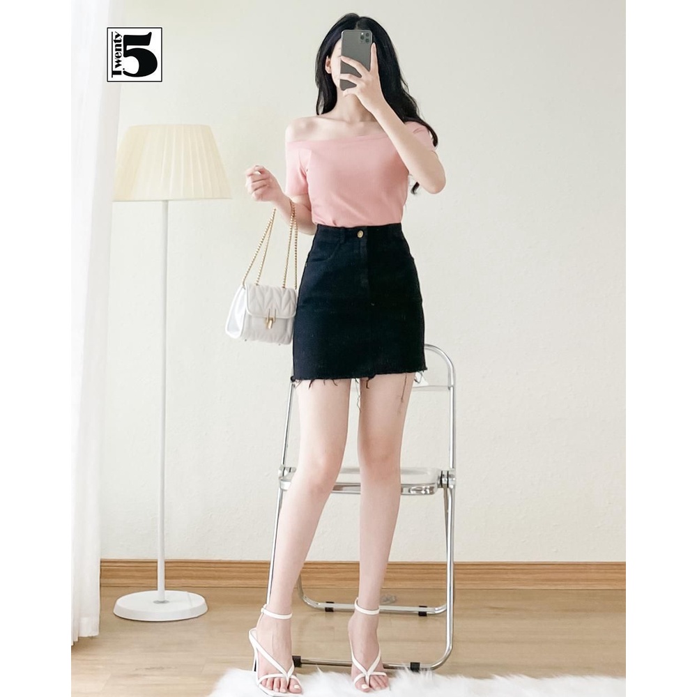 Áo thun trễ vai nữ tay ngắn dáng ôm vải cotton gân co dãn Twentyfive NN414