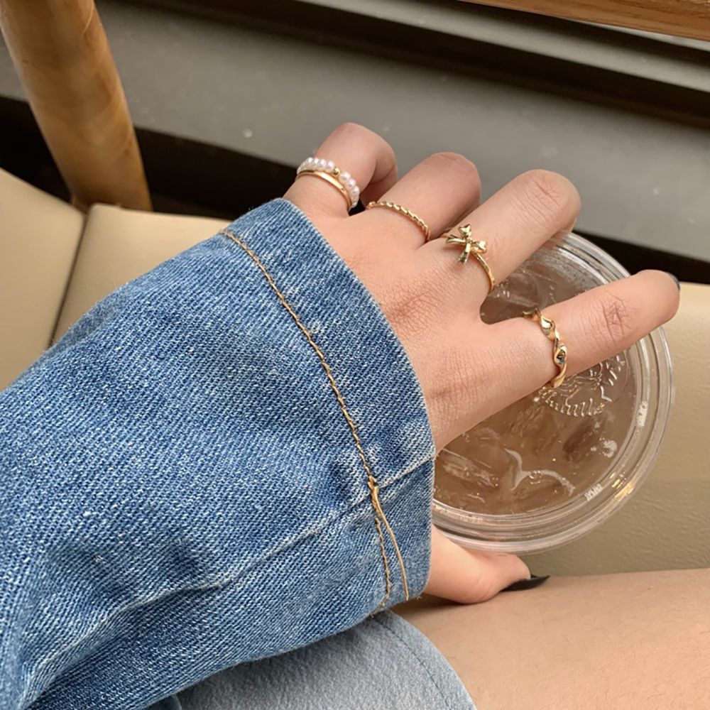 Bộ nhẫn hợp kim hình bướm đính ngọc trai đơn giản cho nữ