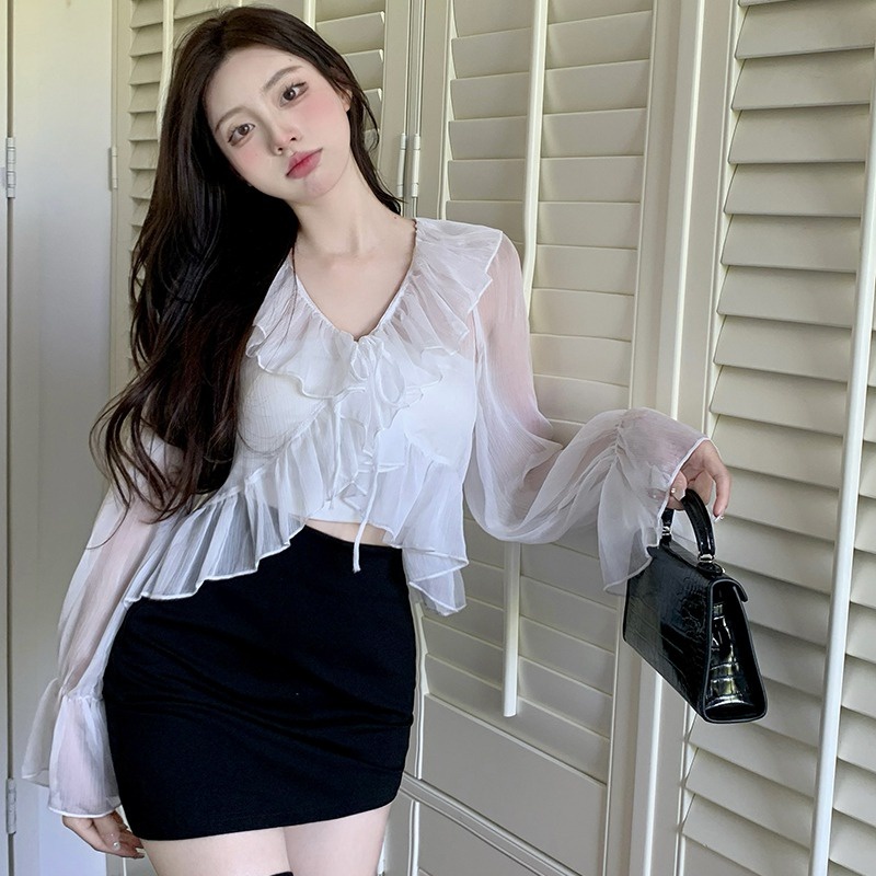 Áo Sơ Mi Voan Tay Loe Phối Bèo Ngọt Ngào Xinh Xắn Dành Cho Nữ