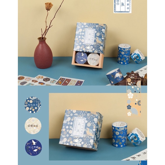 Set bộ băng dán washi tape ánh nhũ cổ trang / phản quang