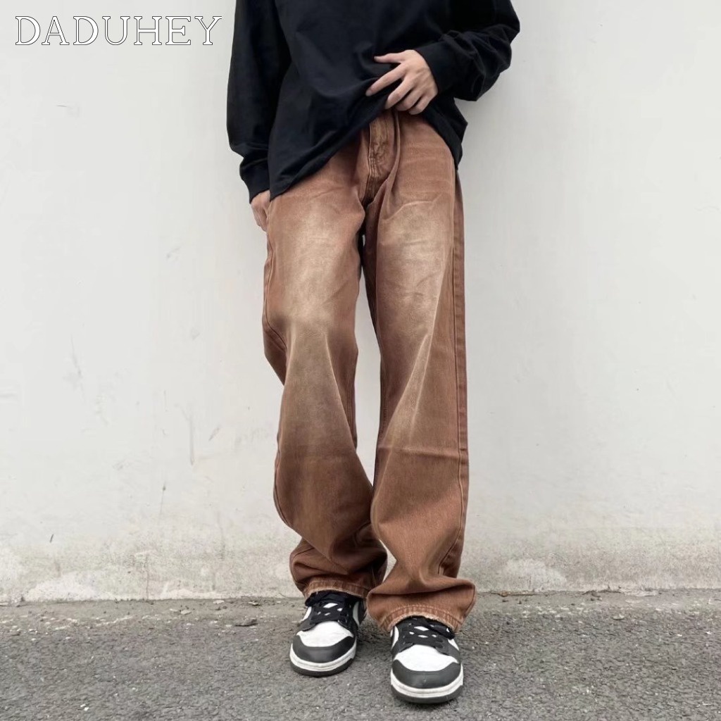 DaDuHey Men's Summer 2022 American High Street Jeans Washed-out Vintage Loose Straight All-Matching Draping Pants