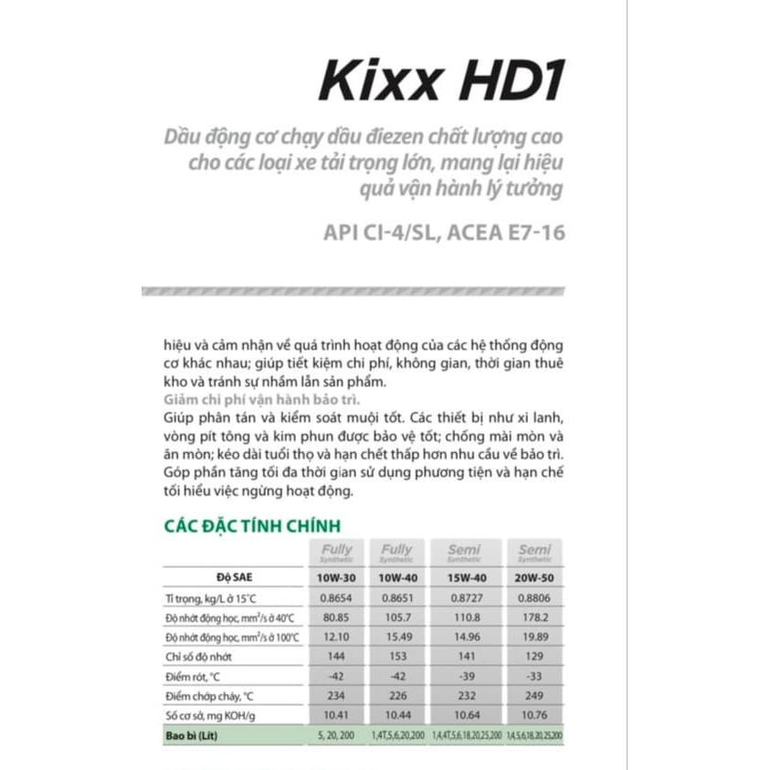 DẦU NHỚT KIXX HD1 CI4 10W40 - 4L