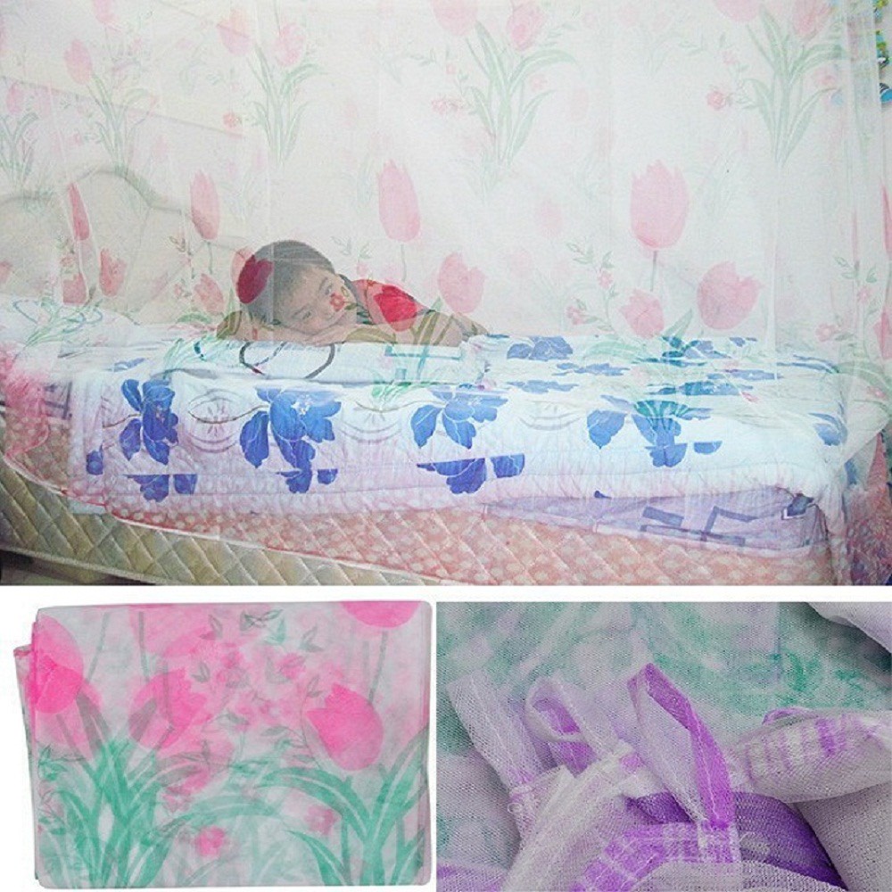 màn ngủ treo dây tuyn hoa không cửa dài 2m rộng 3m cao 1m8 in bông xanh hồng dây treo góc cạnh