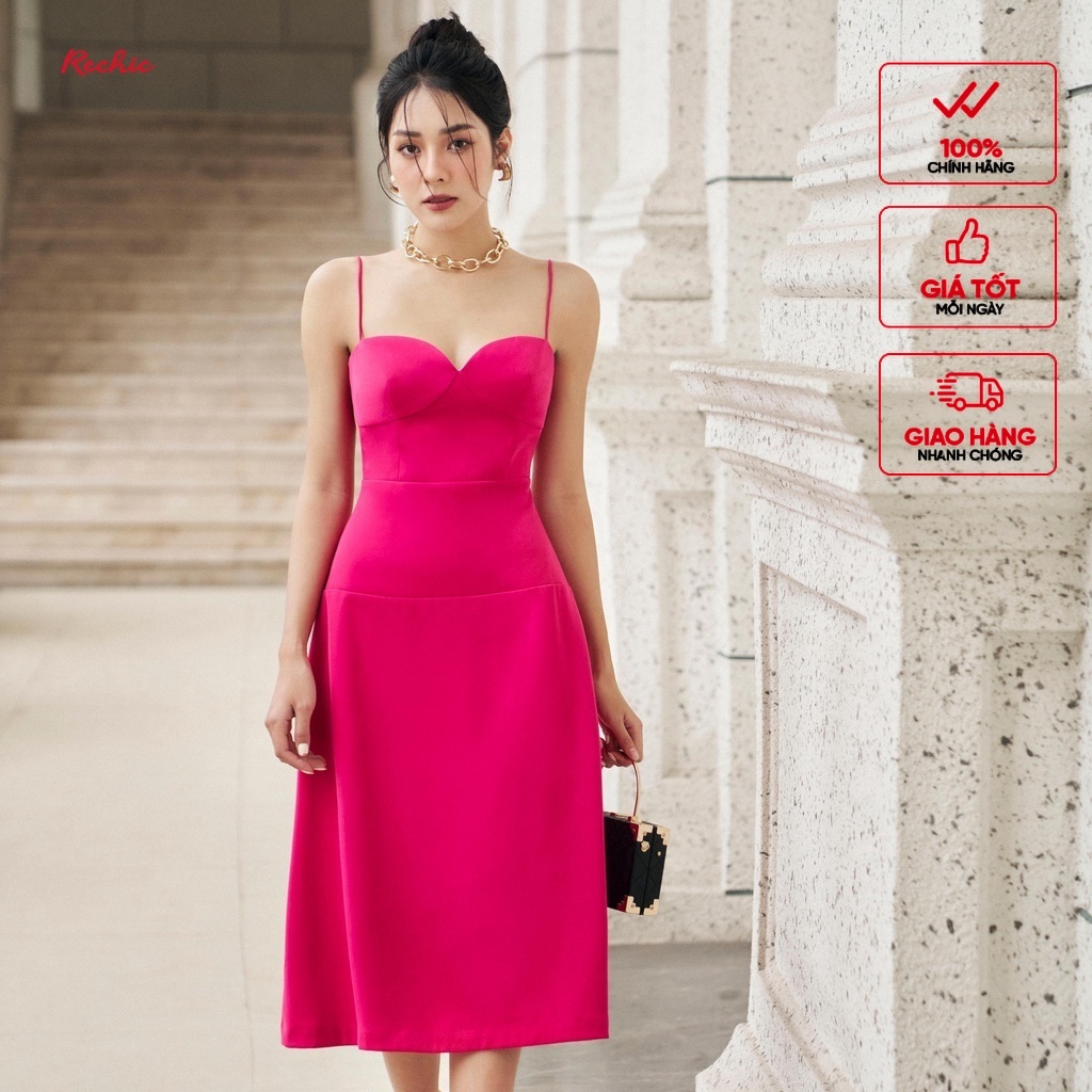 RECHIC Đầm dài Mirror kiểu hai dây mảnh thiết kế chiết eo cúp ngực sang trọng quyến rũ