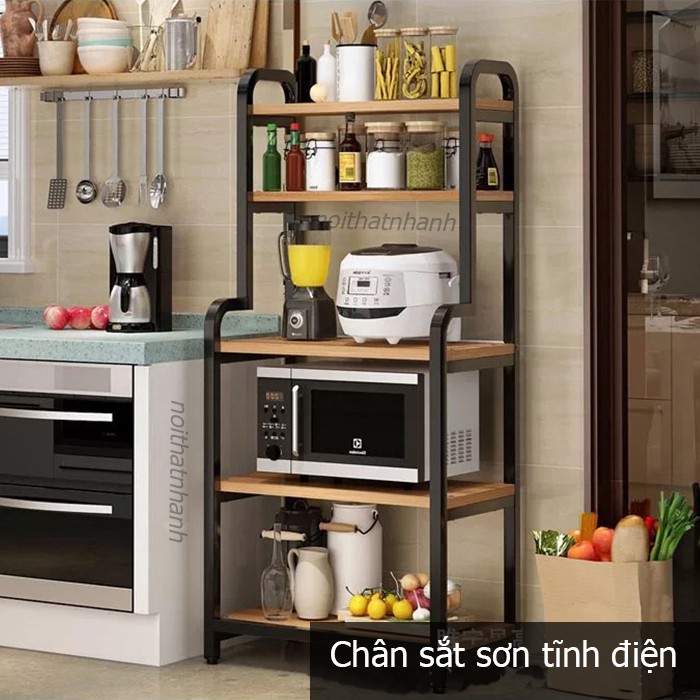 Kệ bếp 5 tầng uốn cong KB02 , thiết kế khung sắt mặt gỗ chắc chắn, chân kệ có thể nâng hạ theo mặt bằng nền bếp