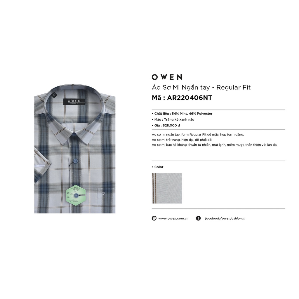 Áo Sơ Mi Nam Ngắn Tay Owen AR220406NT Somi Cộc Tay Công Sở Cao Cấp Màu Trắng Kẻ Xanh Nâu Vải Bạc Hà Dáng Suông Có Túi