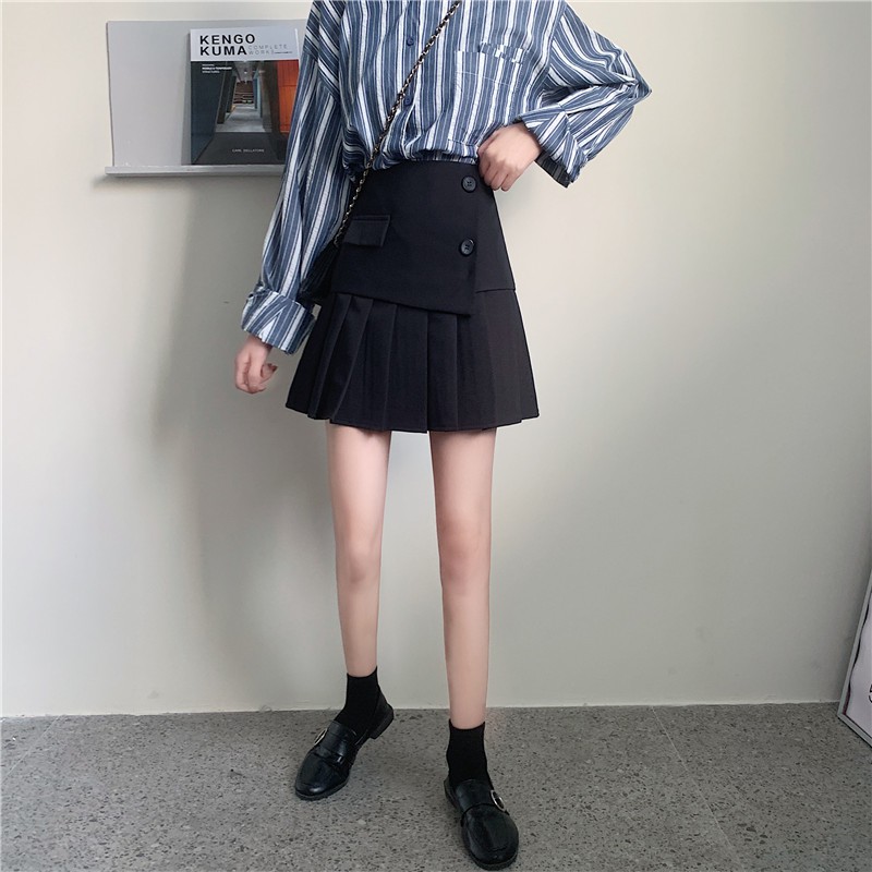 Đen Chân Váy Chữ A Lưng Cao Xếp Ly Lệch Tà Cá Tính Cho Nữ | BigBuy360 - bigbuy360.vn