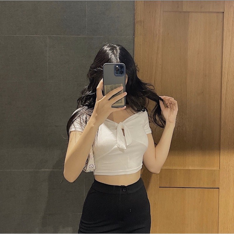Áo croptop nữ bẹt vai nơ ngực trơn chất liệu thun gân co giãn I HHVINTAGE