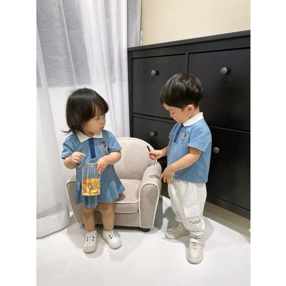 BÁN SỈ SET ÁO PULL- VÁY XANH ĐÔI MẸ VÀ BÉ TRAI, GÁI AD23