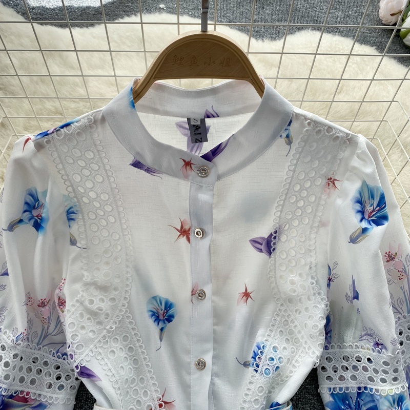#2203  Đầm cổ chân tay dài kèm thắt lưng họa tiết hoa chất voan một lớp đủ size