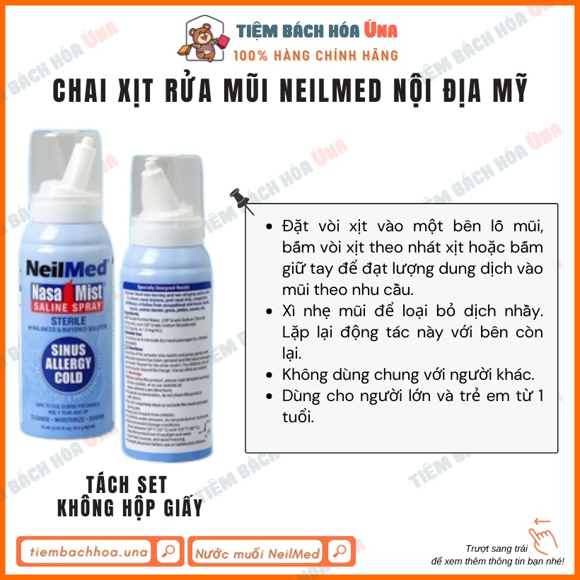 Bình Rửa Mũi 240ml kèm 10 30 50 gói muối Neilmed nội địa Mỹ