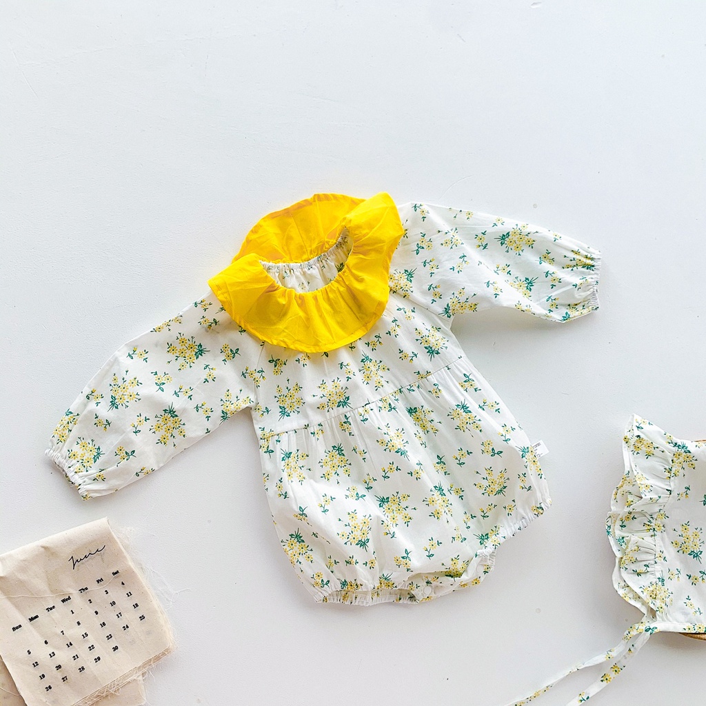 Bộ Áo Liền Quần Tay Dài In Hoa + Mũ Dễ Thương Cho Bé Gái Sơ Sinh