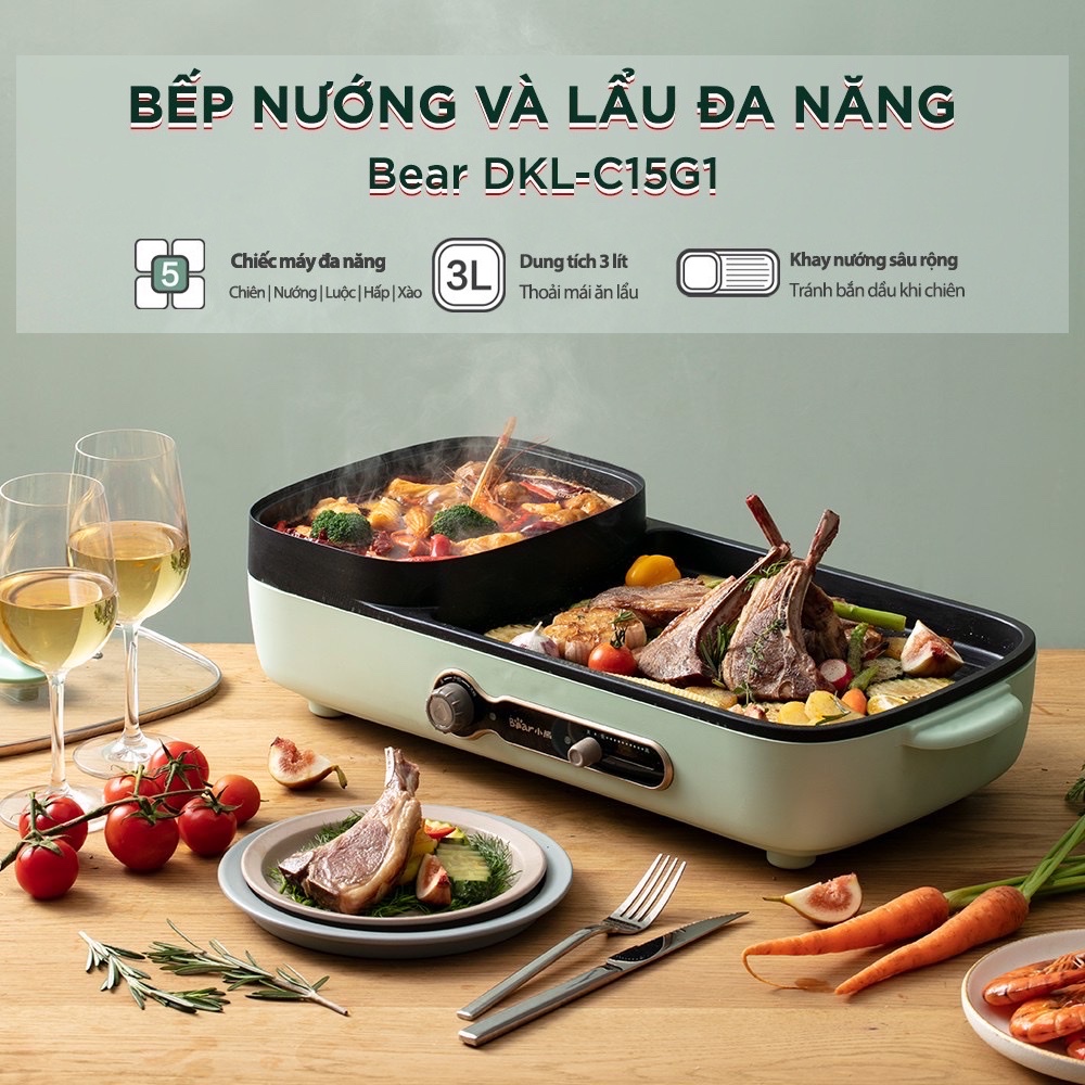 Bếp lẩu nướng Bear đa năng 2 trong 1 - Nồi lẩu nướng mini - Bếp nấu đa năng cho 3-6 người - Bảo hành chínhhãng