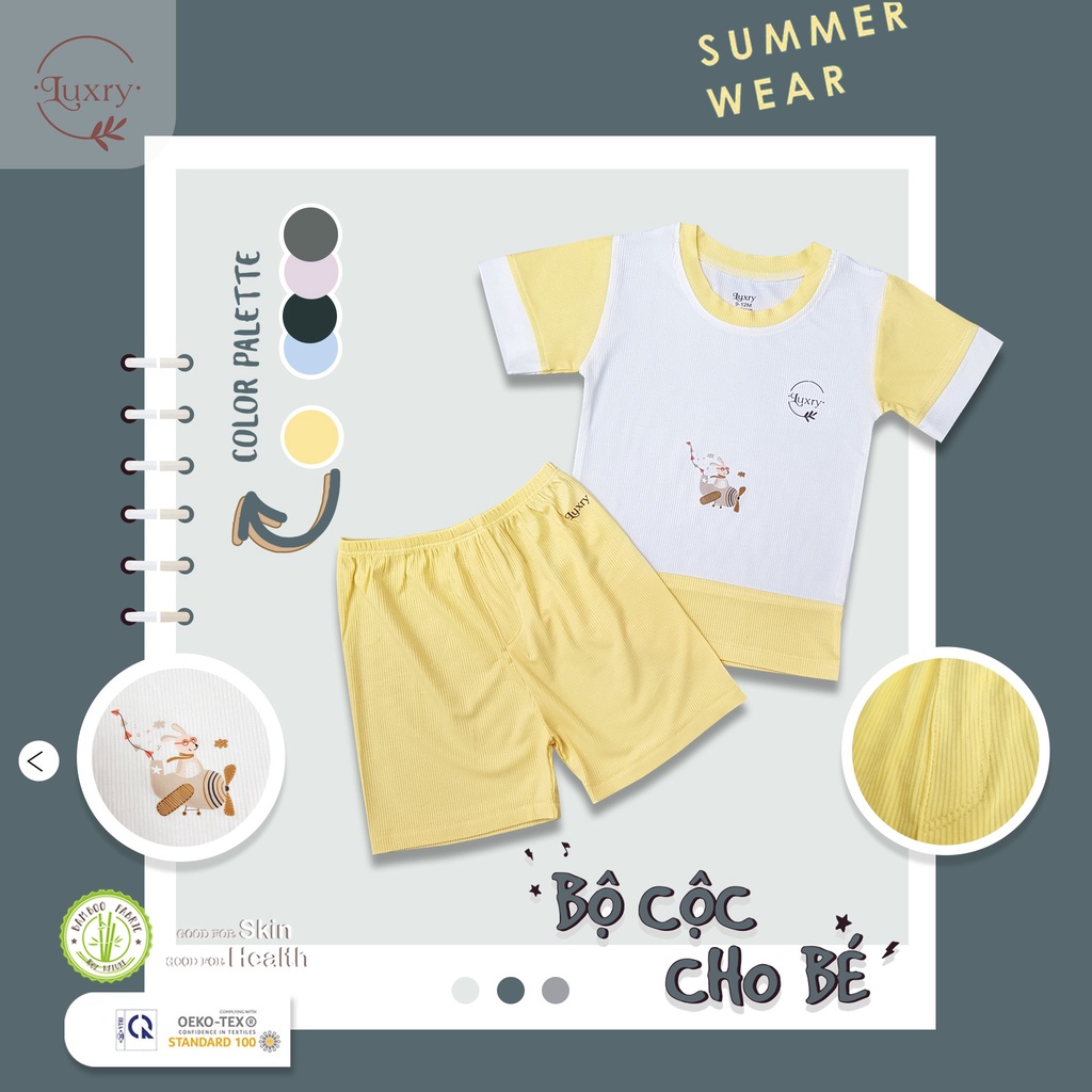 Bộ quần áo cộc cổ tròn gân tăm thương hiệu Luxry đáng yêu cho bé trai, bé gái