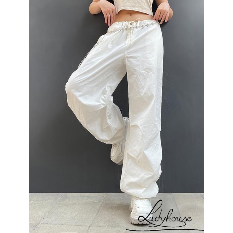 Quần ống rộng Lưng Thun Màu Trơn Có Túi Và Dây Cột Bên Hông Đơn Giản Cho Nữ