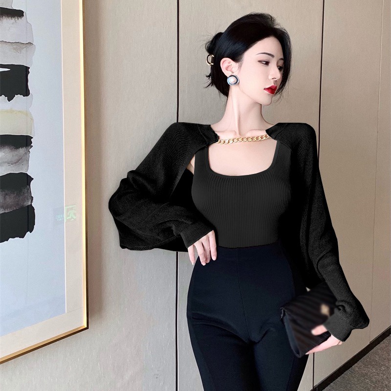 Set Áo Len Không Tay Màu Sắc Đơn Giản + Áo Sơ Mi Dài Tay Phối Dây Xích Phong Cách Hàn Quốc