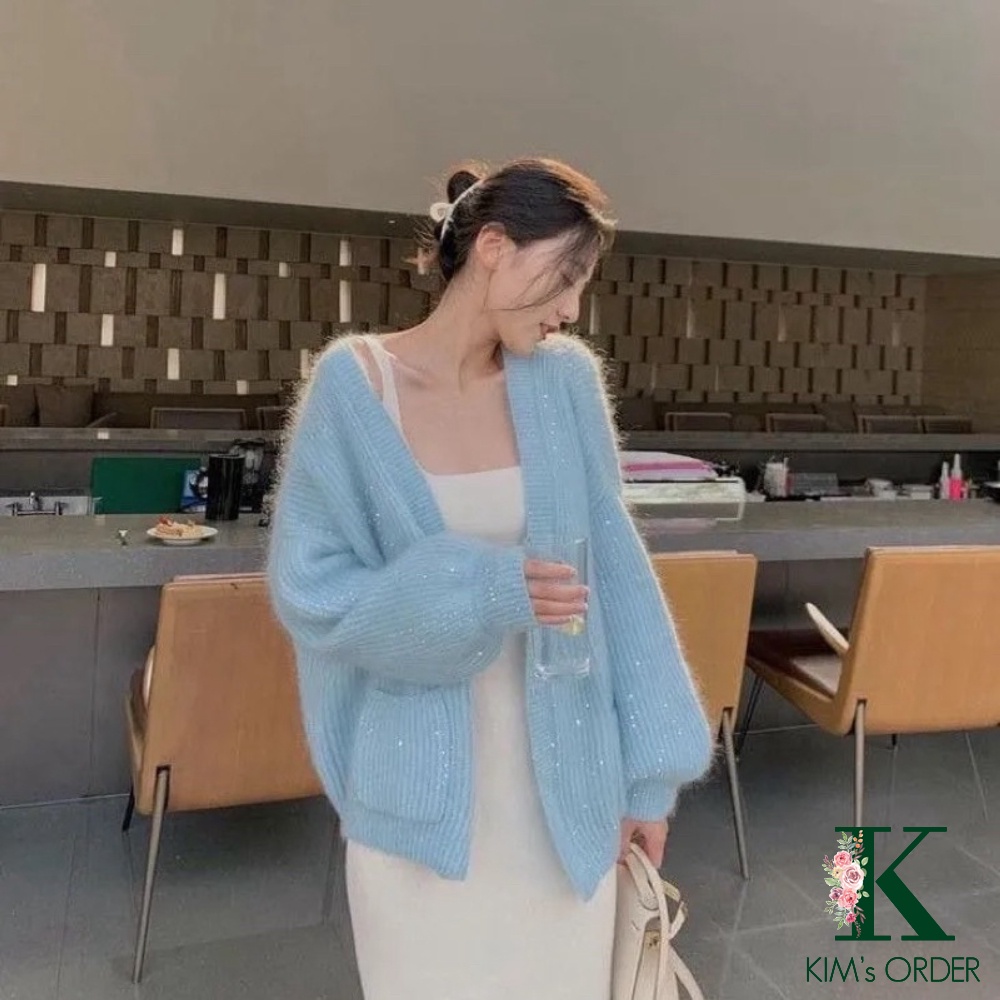 Áo Len Cadigan Kim Tuyến Nữ Dài Tay Màu Be Xanh Dáng Rộng Phong Cách Tiểu Thư Hàn Quốc Nhẹ Nhàng Nữ Tính Chất Loại 1
