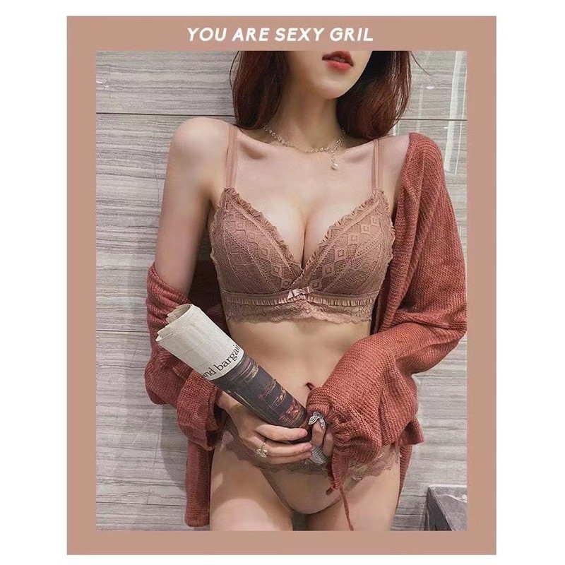 Bộ đồ lót ren không gọng Xu Chiêng đệm dày 4cm, áo lót định hình cao cấp cho người ngực lép F978