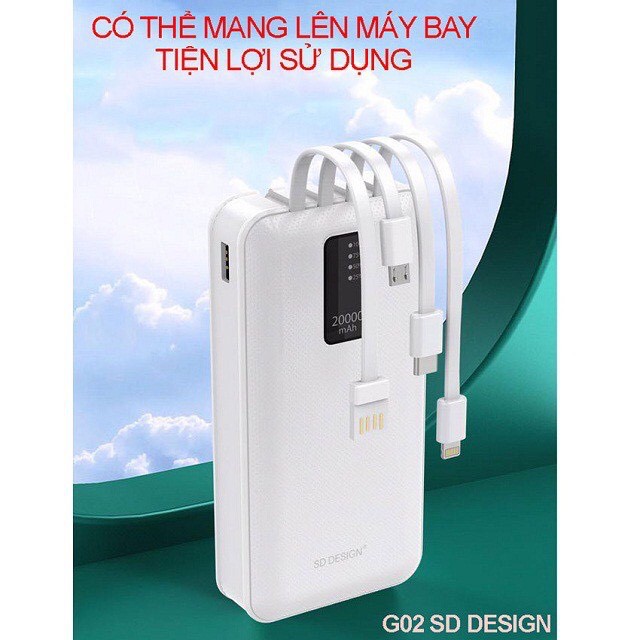 [chính hãng]Pin Sạc dự phòng G02 chính hãng 20000mAh SD Design kèm 3 dây sạc, cáp sạt cổng USB