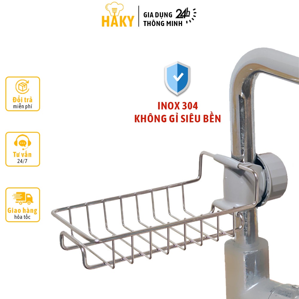 Giá treo vòi đựng đồ inox 304, để giẻ rửa bát HAKY006, kệ gắn vòi bằng thép không gỉ dày dặn, thiết kế có giá treo khăn