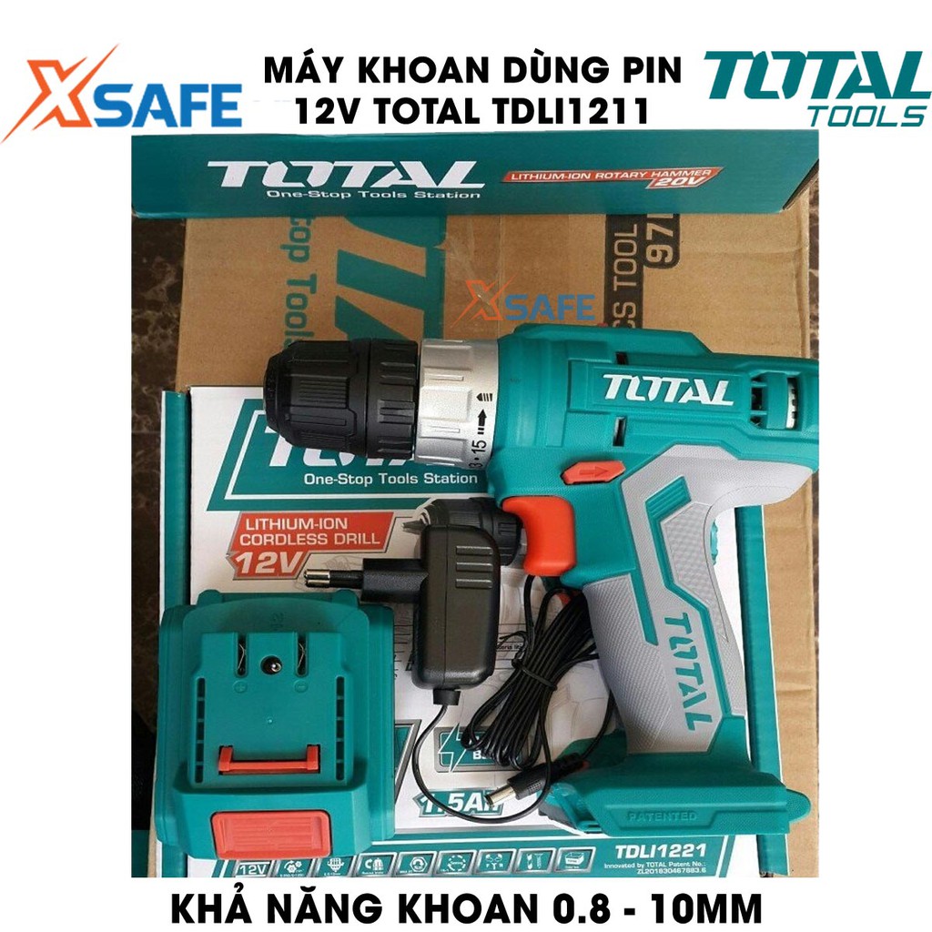 Máy khoan dùng pin 12V TOTAL TDLI1211 Kèm 1 Pin 1.5Ah 1 Sạc 2 mũi vít CR-V 65mm Máy khoan cầm tay lực siết tối đa 20N.m