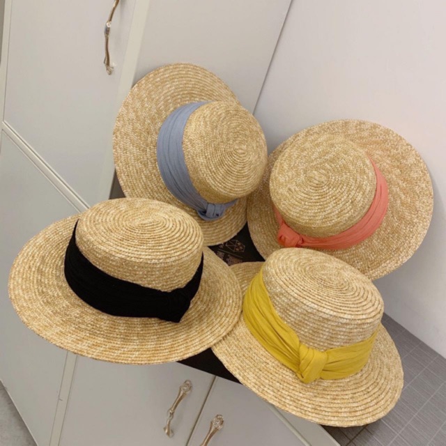 Mũ cói vành ngan viền đen/hồng/xanh