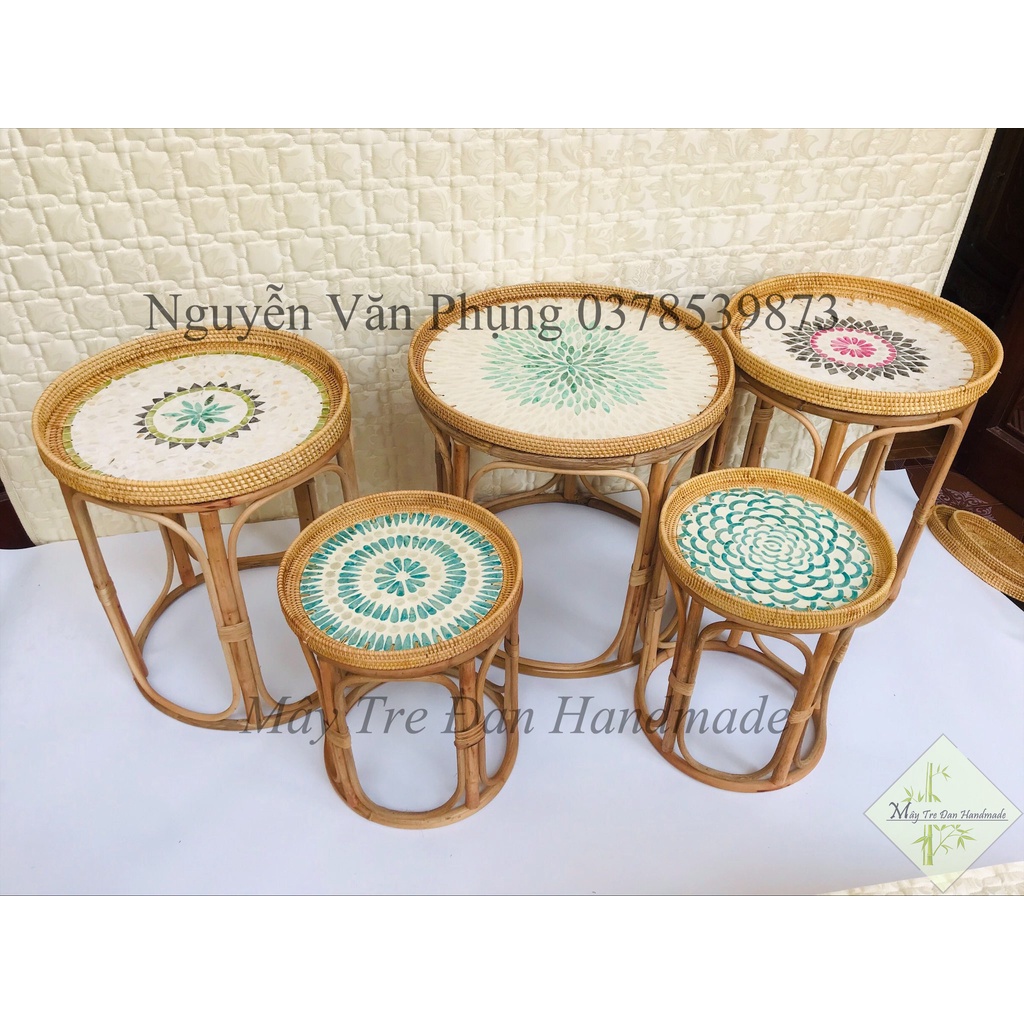 Bàn trà mây tre đan - Bàn trà mây guột khảm trai cao cấp phong cách Vintage Decor trang trí nhà, KT D30H35 D40H45 D50D45