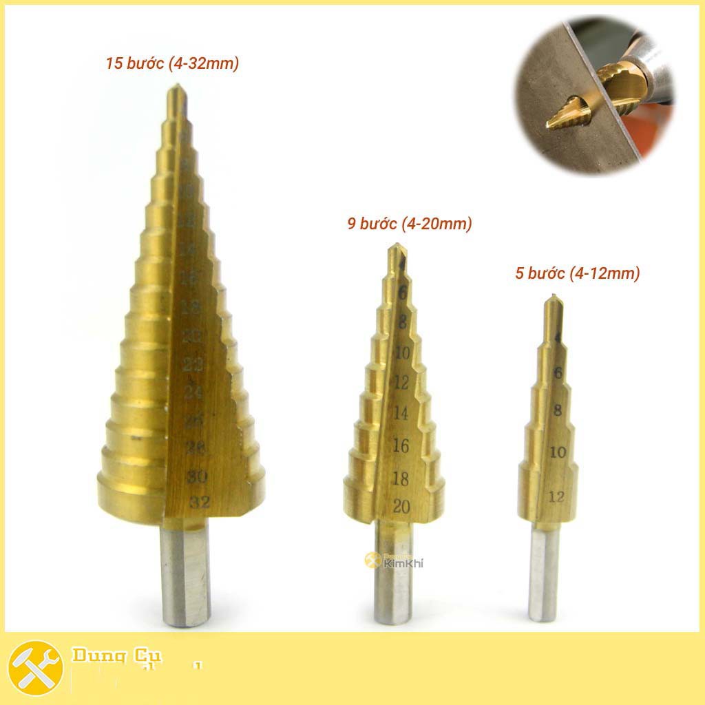 Bộ 3 Mũi Khoan Tháp Thẳng Thép Gió HSS Mạ Titan 4-32mm Khoan Nhôm, Nhựa, Gỗ
