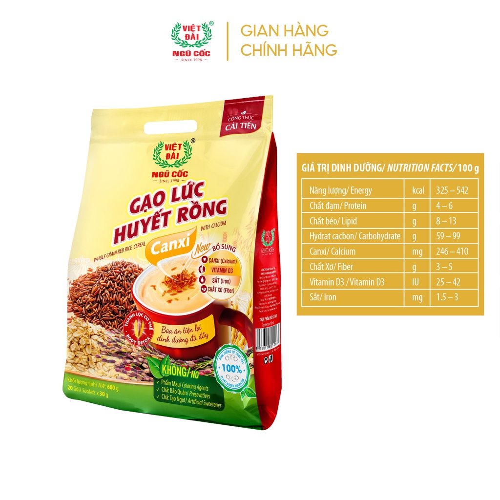 Combo 5 sản phẩm Bột ngũ cốc Gạo lức huyết rồng Canxi Việt Đài túi 600g