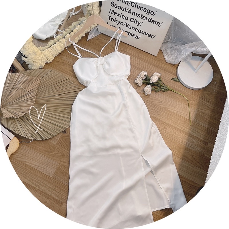 ĐẦM MIDI NƠ NGỰC XẺ ĐÙI CHÉO DÂY CỔ