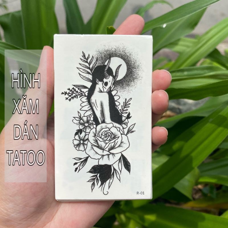 Hình xăm hoa đơn sắc r01. Tatoo dán tạm thời size 10x6cm