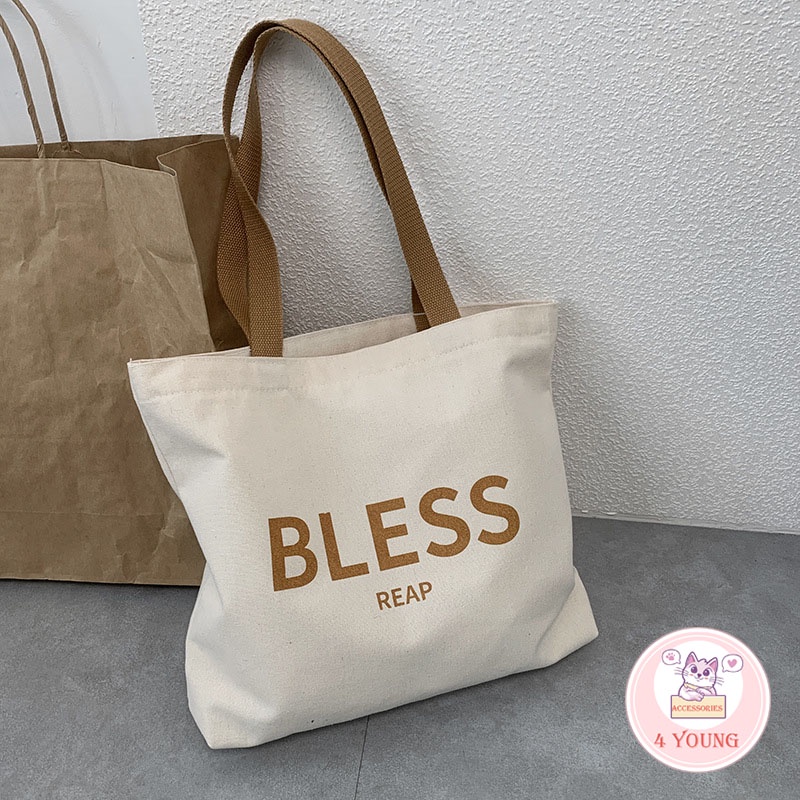 Túi tote vải canvas giá rẻ thời trang phong cách Hàn Quốc in chữ BLESS đi học đi chơi đẹp T1003