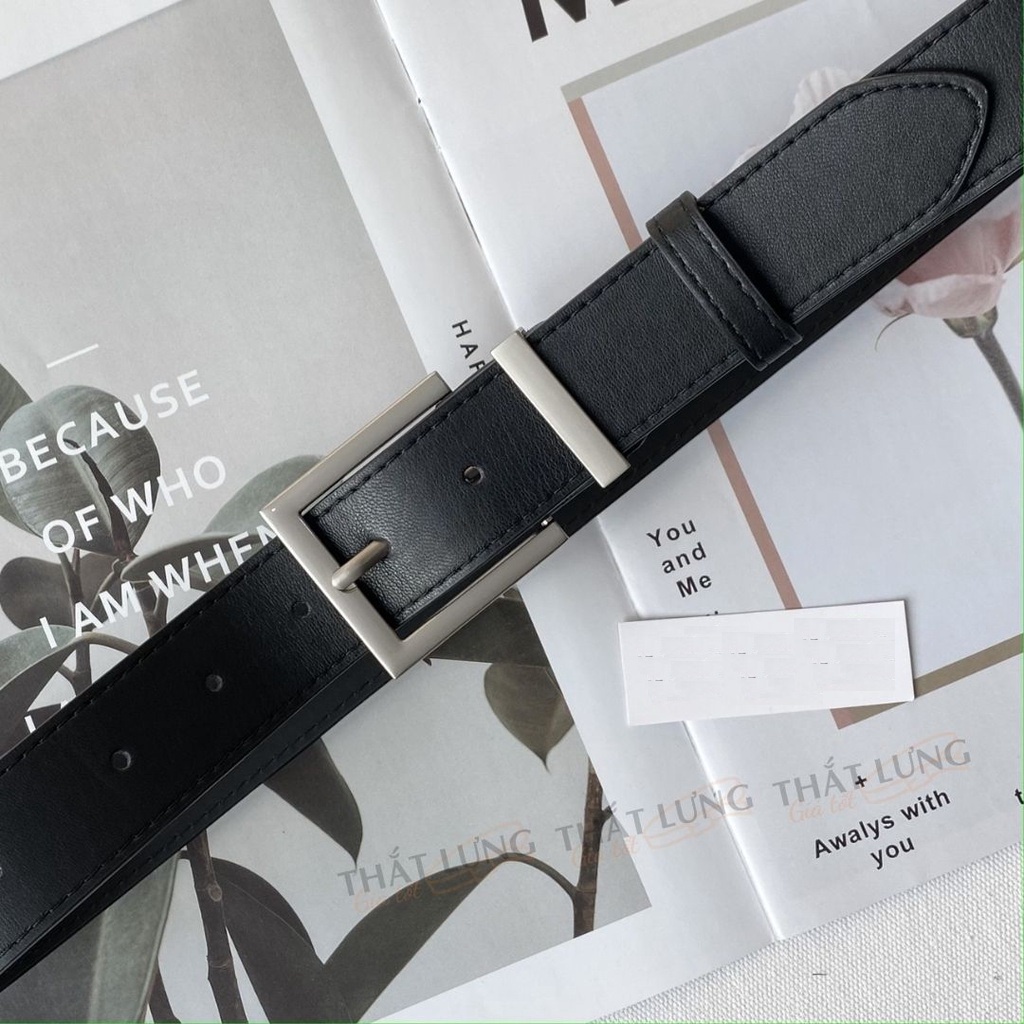 Thắt lưng da nam nữ BROO mặt vuông chữ nhật màu bạc đẹp, dây nịt lưng ulzzang unisex bản dây 3.3cm