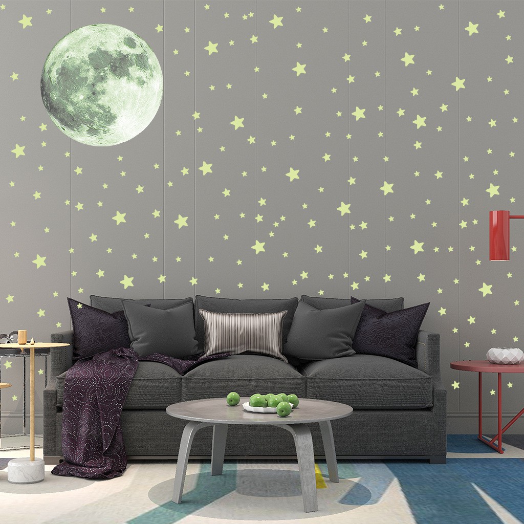 Giấy Dán Tường Hình Mặt Trăng Và Ngôi Sao Màu Dạ Quang 3D Trang Trí Phòng Ngủ Cho Bé DIY