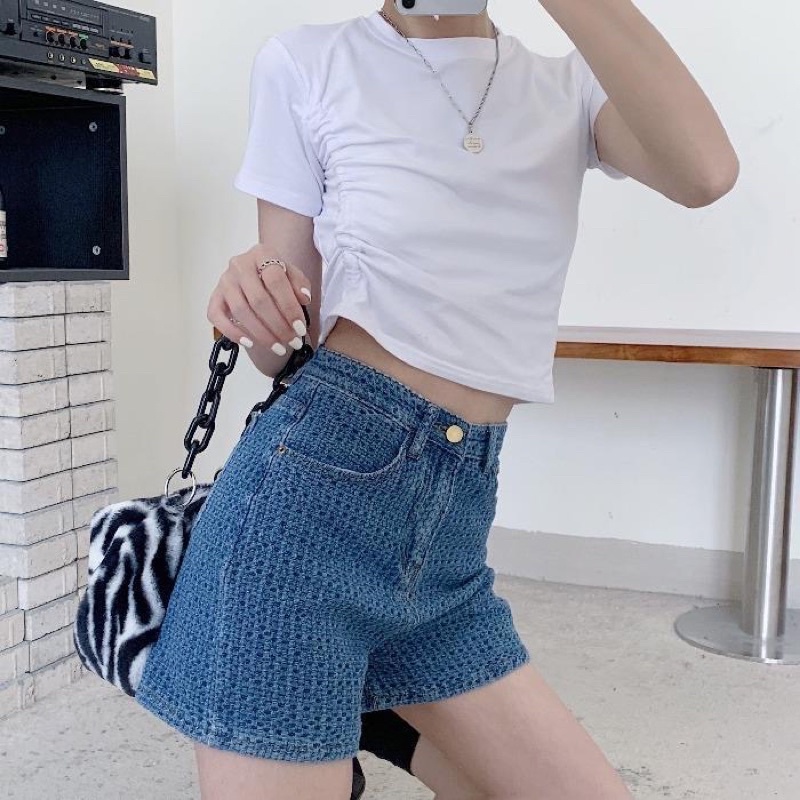 Quần Sooc Denim Lưng Cao Họa Tiết Siêu Chất