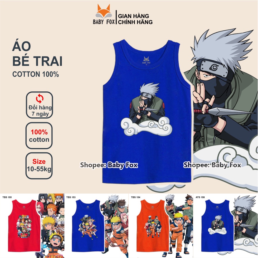 Áo thun sát nách bé trai 100% cotton loại tốt, BABY FOX, hình Naruto, size nhí trung, đại l (Áo ba lỗ)
