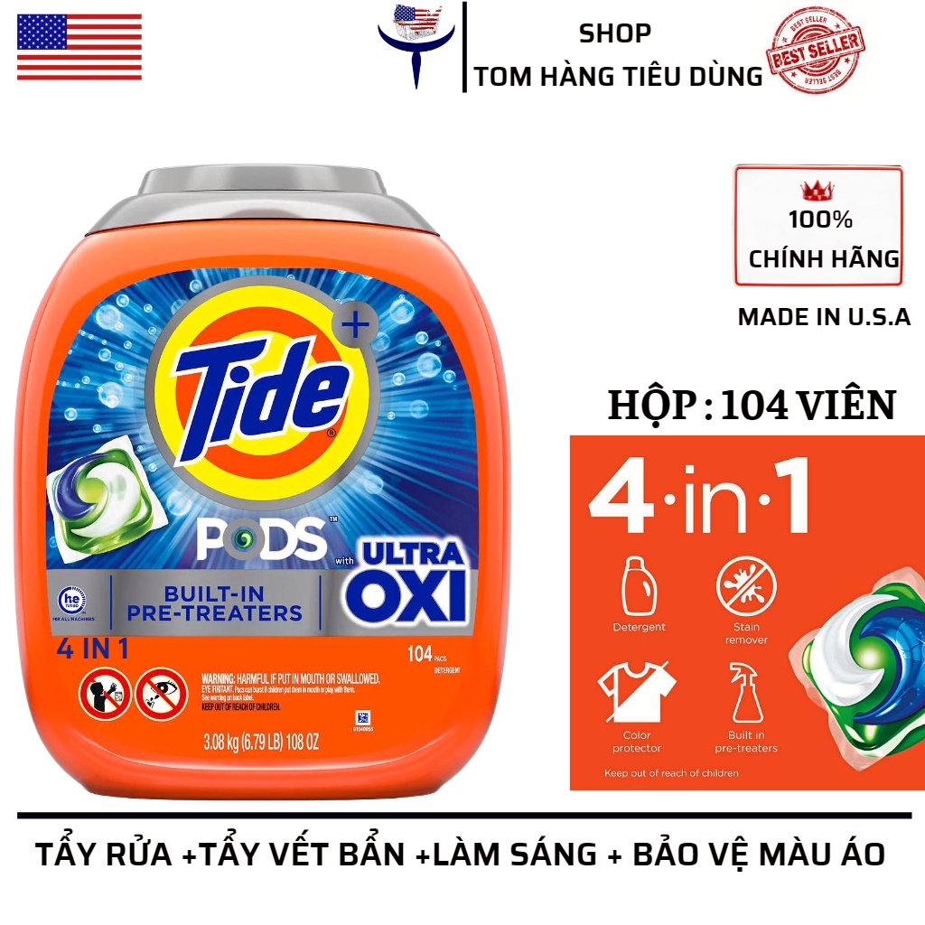 Viên giặt xả Tide Podes Ultra Oxi 4in1 Hộp 104 viên Hàng Mỹ