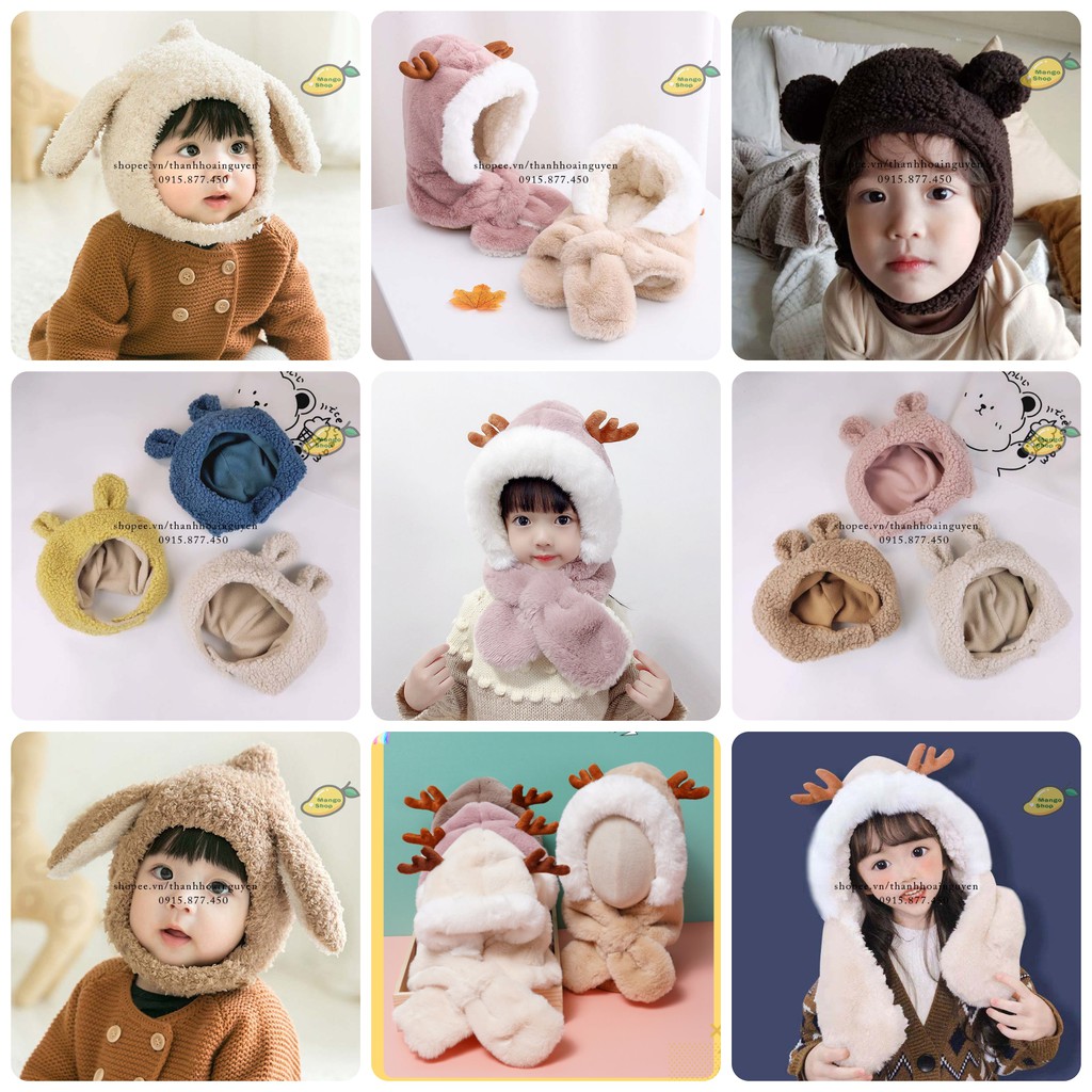 [VIDEO THẬT ] Mũ trẻ em mùa đông lót lông sừng hươu cute ( Mũ kèm khăn lót lông ấm tai gấu thỏ cho bé )