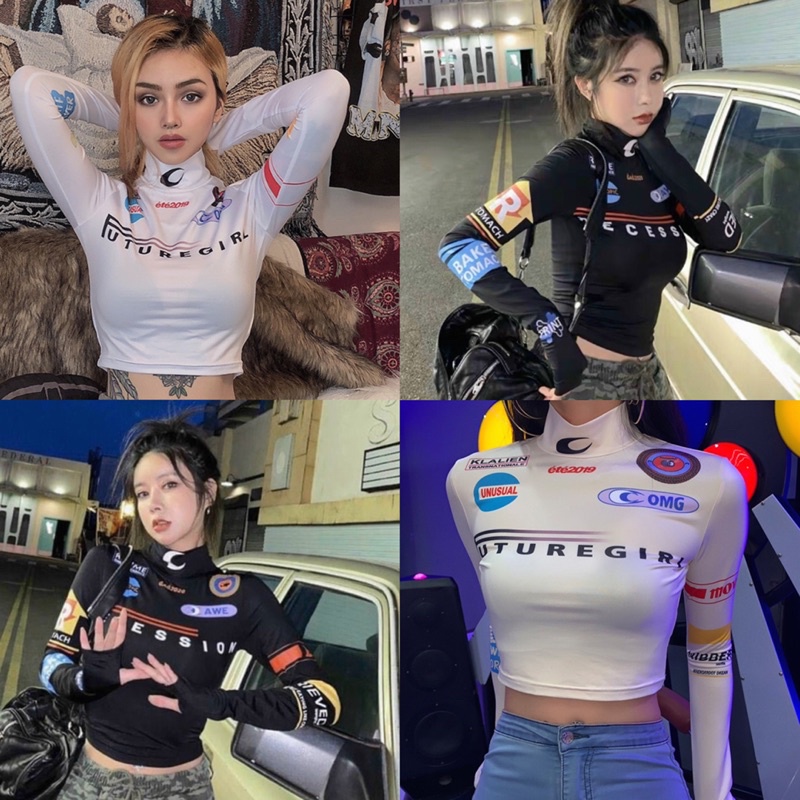 Áo croptop nữ tay dài dài cổ cao ôm dáng phong cách sexy đen trắng